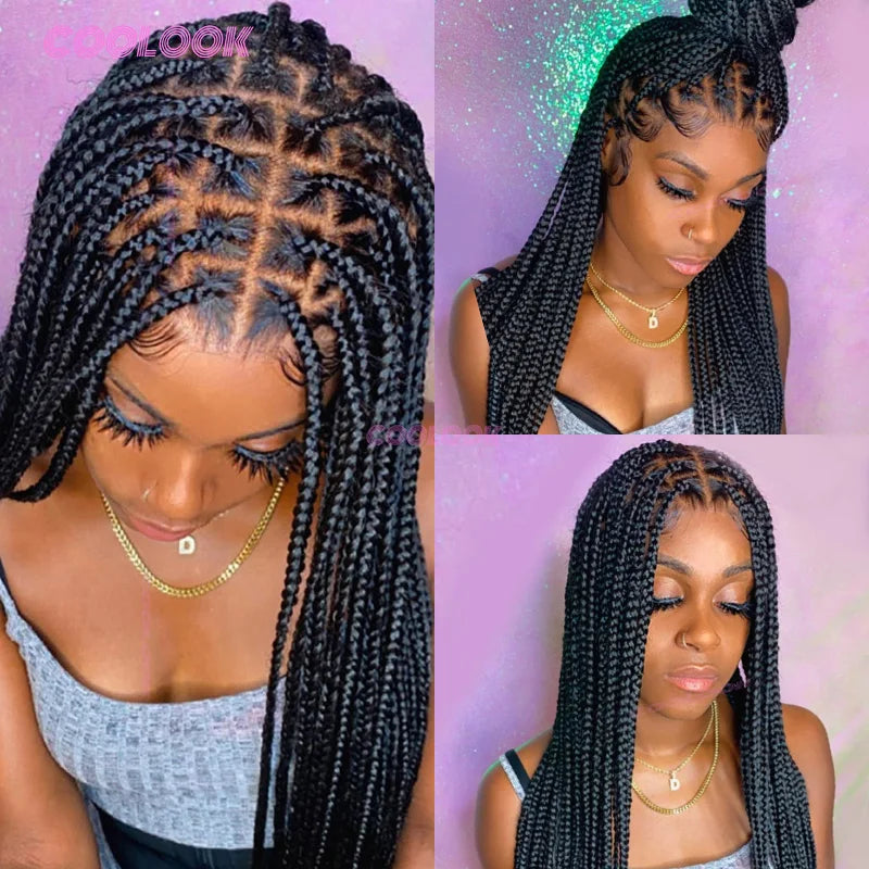 A close-up photo of a woman wearing a black cornrow braid wig with full lace, styled in various intricate patterns.