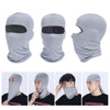 Gray tactical full face balaclava shown in multiple angles on a model's head
