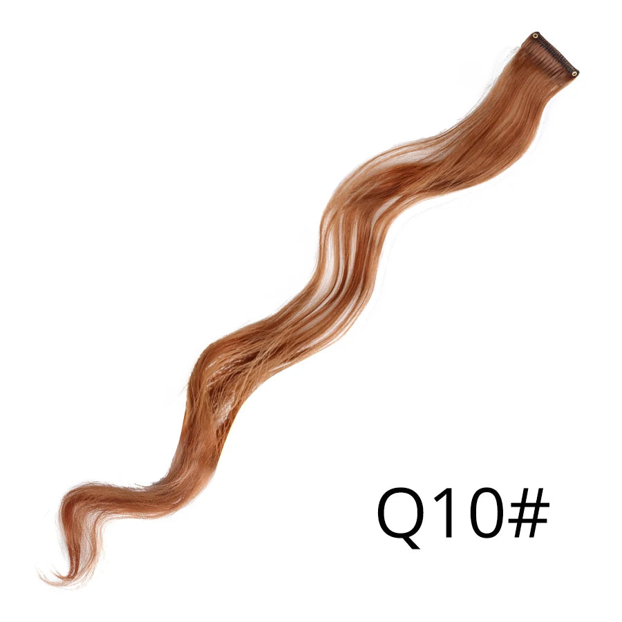 A long, wavy strand of reddish-brown synthetic hair extensions shown against a white background.