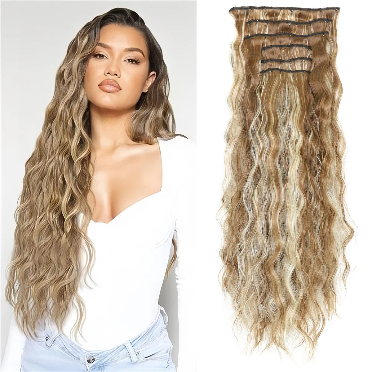 Long, wavy blonde hair extensions with dark root accents shown on a model.