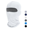 White all-in-one outdoor balaclava with a gray face mask section shown from the front.