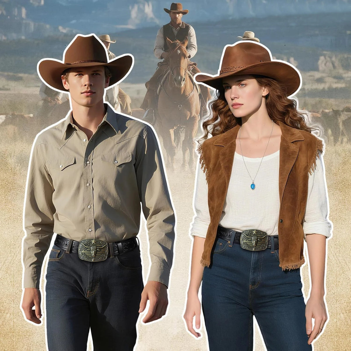 Una mujer con top blanco y jeans de mezclilla, cinturón de mezclilla western grabado y chaqueta de gamuza marrón.