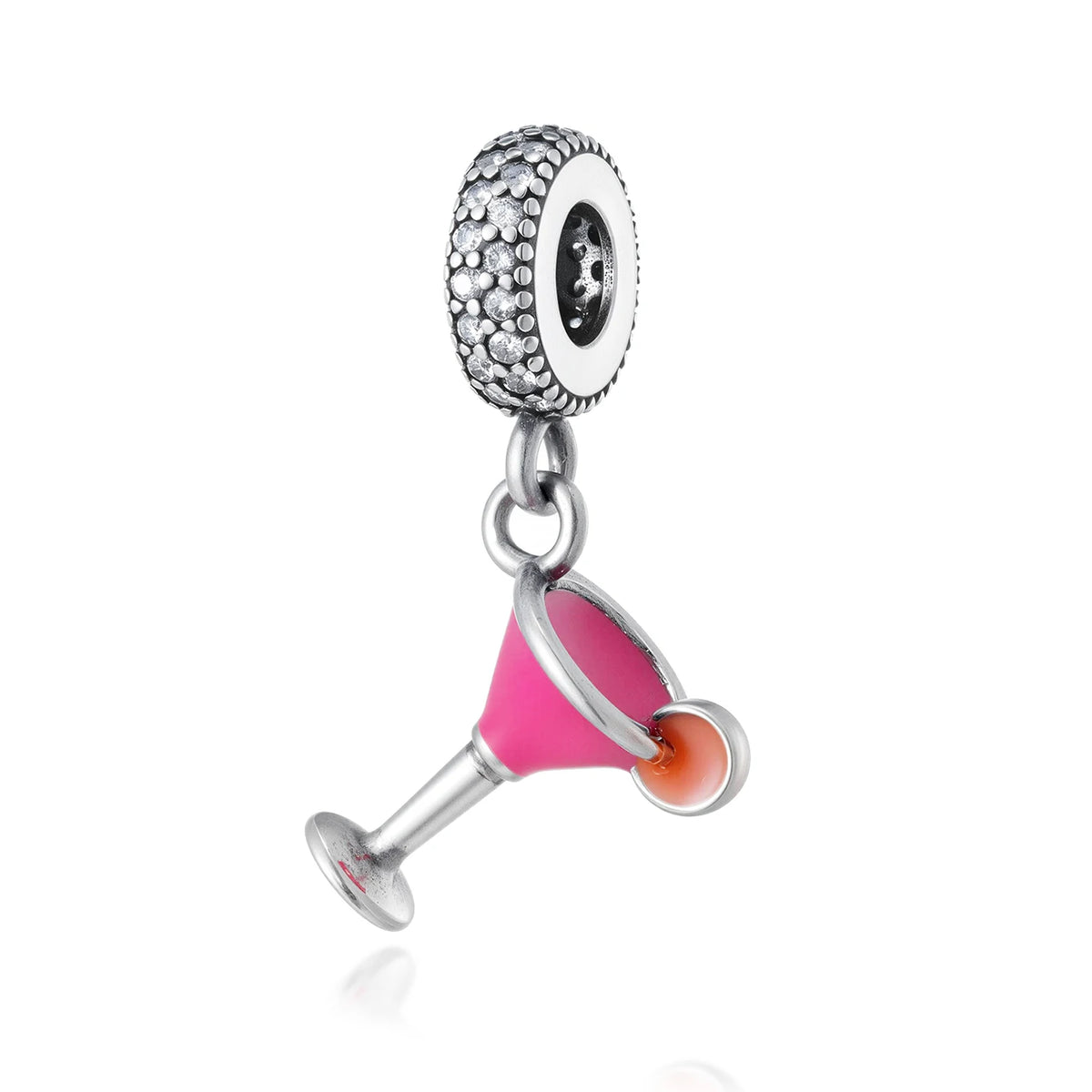 Cuenta de plata con una perla brillante plateada y un acento rosa y naranja.