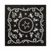 Diseño de tela negra con borde decorativo de cuerda torcida y un patrón de estrella central rodeado por varios animales