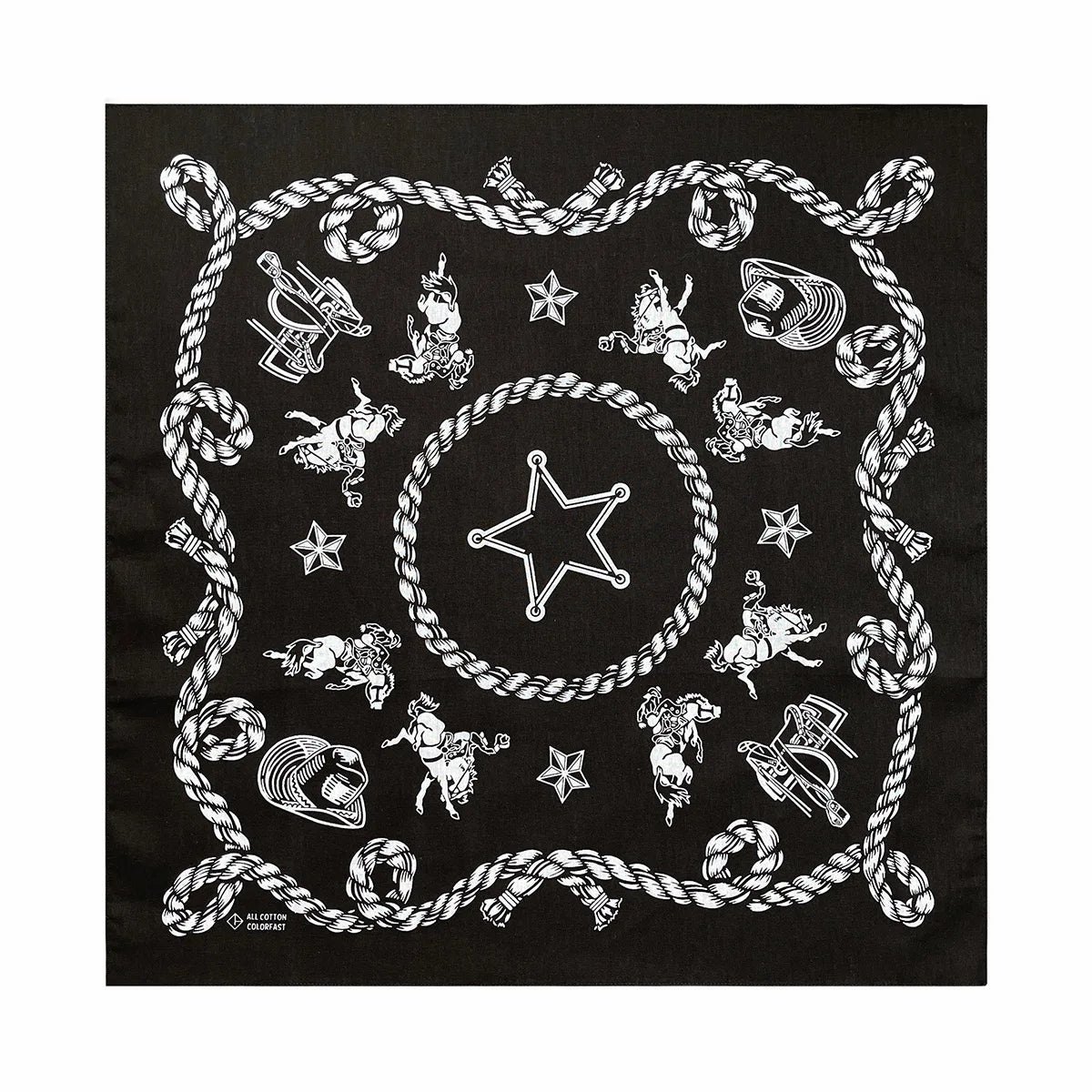 Diseño de tela negra con borde decorativo de cuerda torcida y un patrón de estrella central rodeado por varios animales