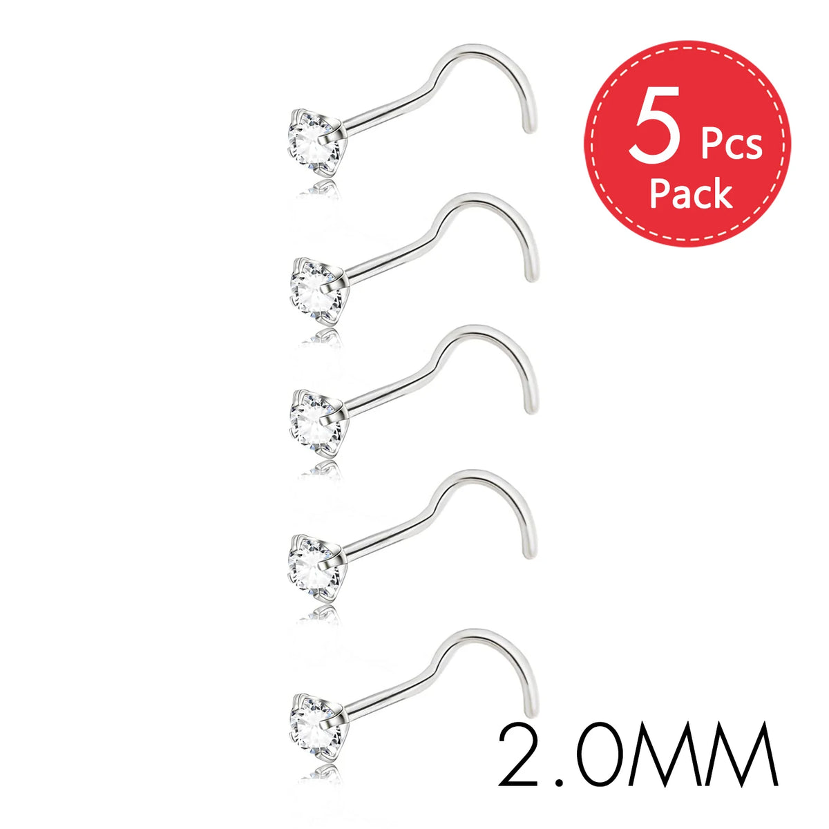 Five pairs of stainless steel nostril studs with crystal and gold finish, 2.0mm size.