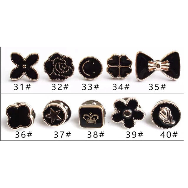 A collection of elegant button brooch pins in various shapes and sizes, numbered 31 through 40.