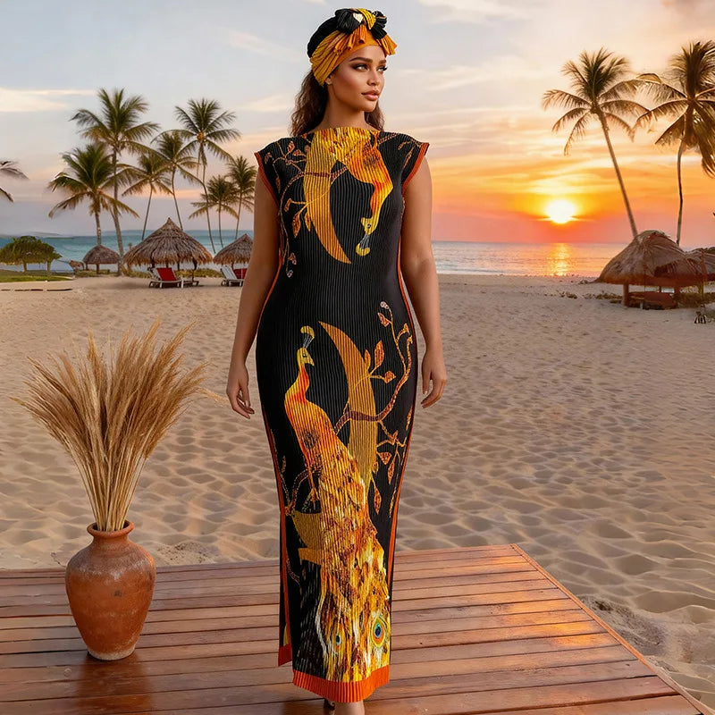 A plus size model wearing an African silk printed two-piece set standing on a wooden deck with a tropical sunset background.