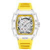 A yellow and clear quartz watch with a prominent crown and luminous calendar face.