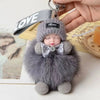 A gray plush doll with a knitted hat and fluffy fur, attached to a keychain.