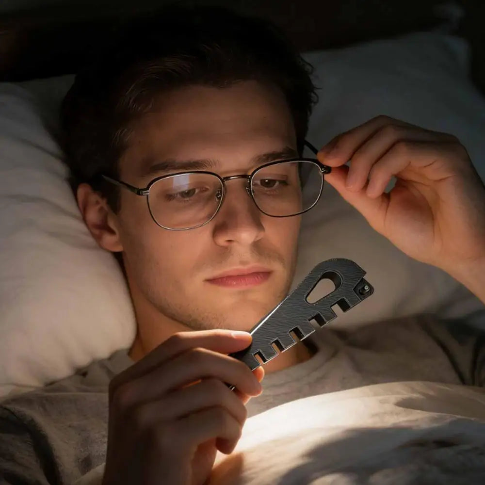 A person holds a precision eyeglass temple adjustment tool near their glasses.