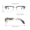 Une paire de lunettes vintage à demi-monture avec des montures noires et des accents dorés, vue en plan