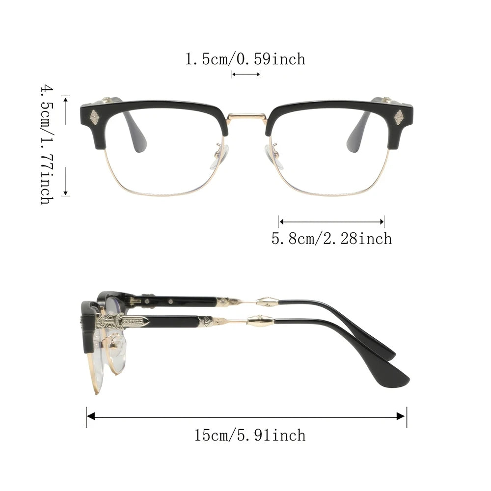 Une paire de lunettes vintage à demi-monture avec des montures noires et des accents dorés, vue en plan