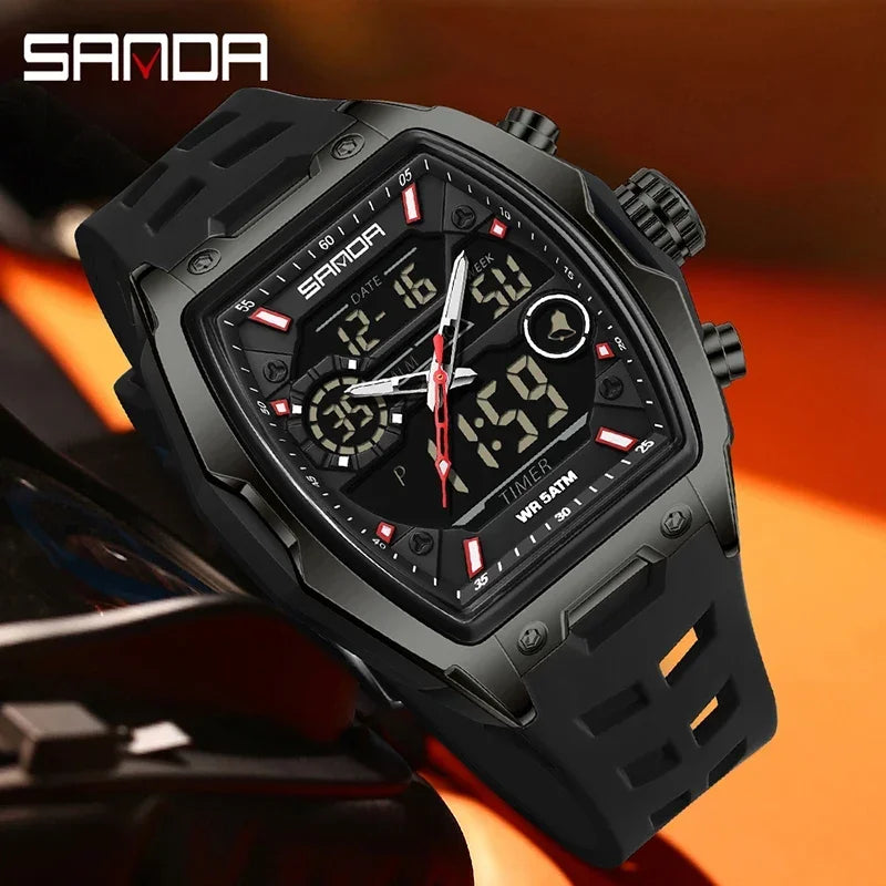 Schwarze SANDA Herren-Chronographen-Armbanduhr mit doppelter Anzeige auf dunkler Oberfläche