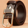 A brown men's coboy style PU leather belt with a brass buckle shown rolled up.