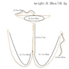 A minimalist wheat body chain necklace shown with various length options and dimensions.