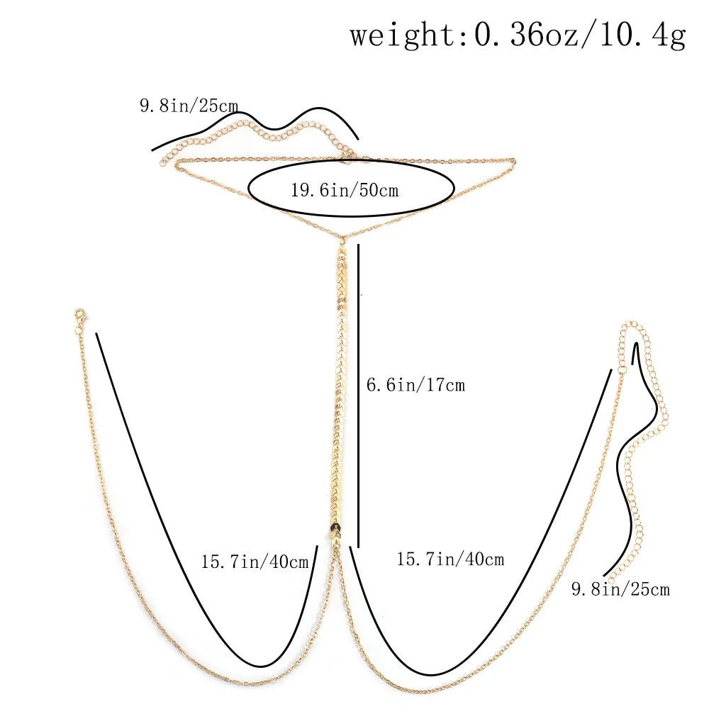 A minimalist wheat body chain necklace shown with various length options and dimensions.