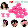 A set of 30 pink silicone hair curlers in sizes L and S shown with usage examples.