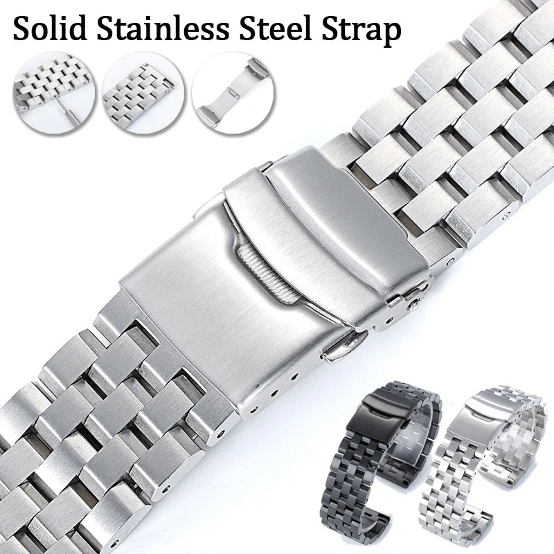 A close-up view of a solid stainless steel watch strap with various buckles and links.