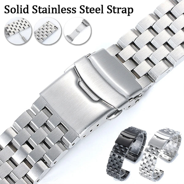Gros plan d'un bracelet de montre en acier inoxydable avec divers boucles et maillons.