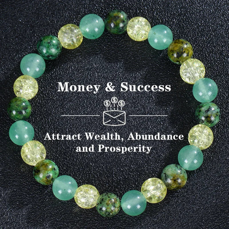 Tiger eye crystal bracelet with various green and yellow polished beads for money and success