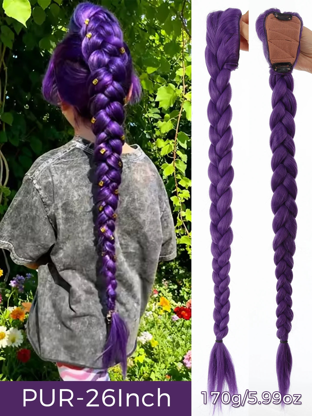 Purple synthetic braided ponytail for kids girls shown in a woman's hair against a green outdoor background