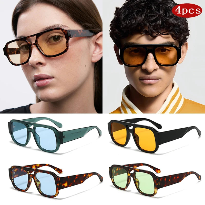 Collection de lunettes de soleil carrées vintage dans diverses couleurs : marron, ambre, vert et noir.