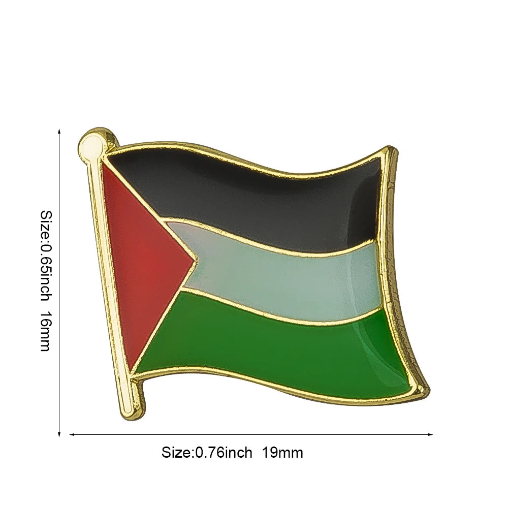 A lapel pin badge featuring a flag design with red, green, and white stripes on a black background.