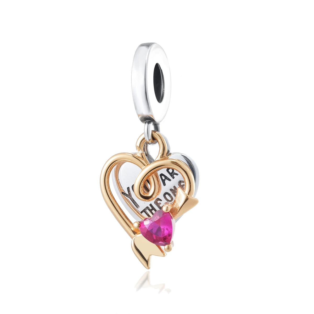 Colgante de corazón plateado y dorado con una gema rosa e inscripción "Tu Tema"