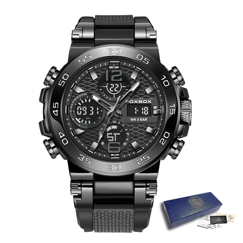A black luxury men's chronograph dive watch with a stainless steel bracelet and box.
