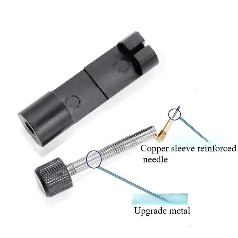 A black watch band link repair kit showing a tool and a copper sleeve reinforced needle for metal upgrade.