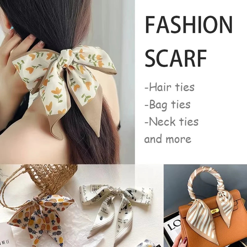 A collection of silk satin hair ties, bag ties, and neck ties in various patterns and colors.