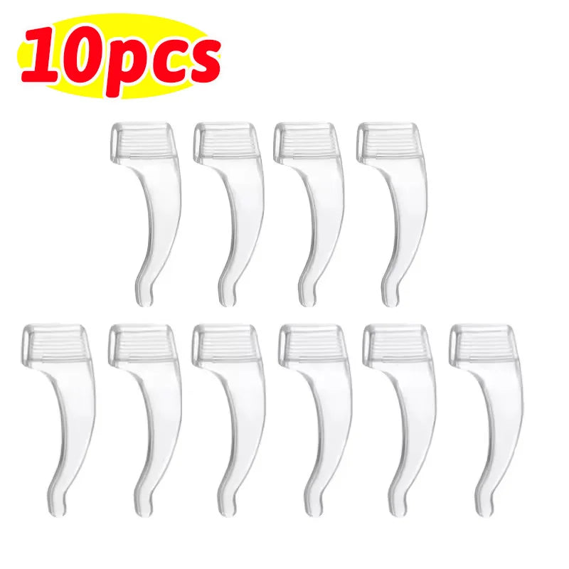Ten silicone anti-slip ear hooks for eyeglasses, shown in a row.
