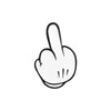 A black and white enamel pin depicting a cartoon finger gesture for love you