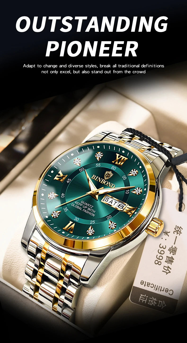 A gold-toned quartz men's watch with a dark green dial and silver bracelet is displayed on a light background.