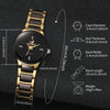 A black and gold analog quartz watch is shown with detailed specifications and measurements.