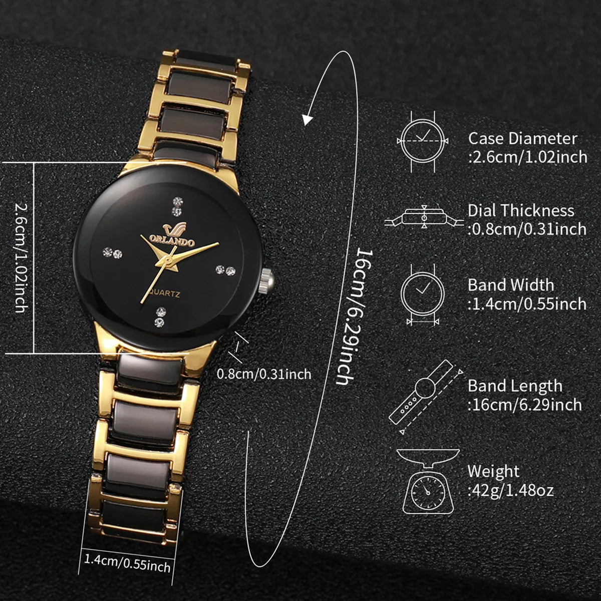 A black and gold analog quartz watch is shown with detailed specifications and measurements.