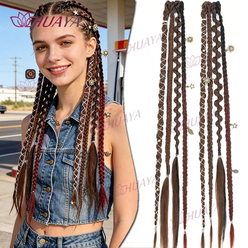 A young woman models long, dark brown beaded clip-in hair extensions with braids and fringe.
