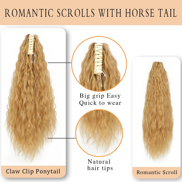 Exposición de extensiones de cabello largo, ondulado y dorado, peinado en un moño o cola de caballo romántica.