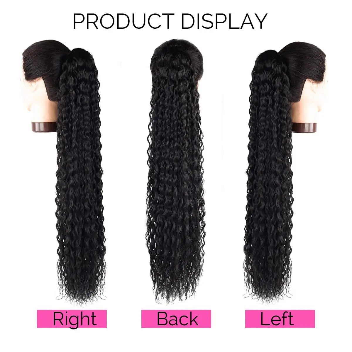Three 24-inch long curly wave hair extensions displayed in ponytail style: right, back, and left.