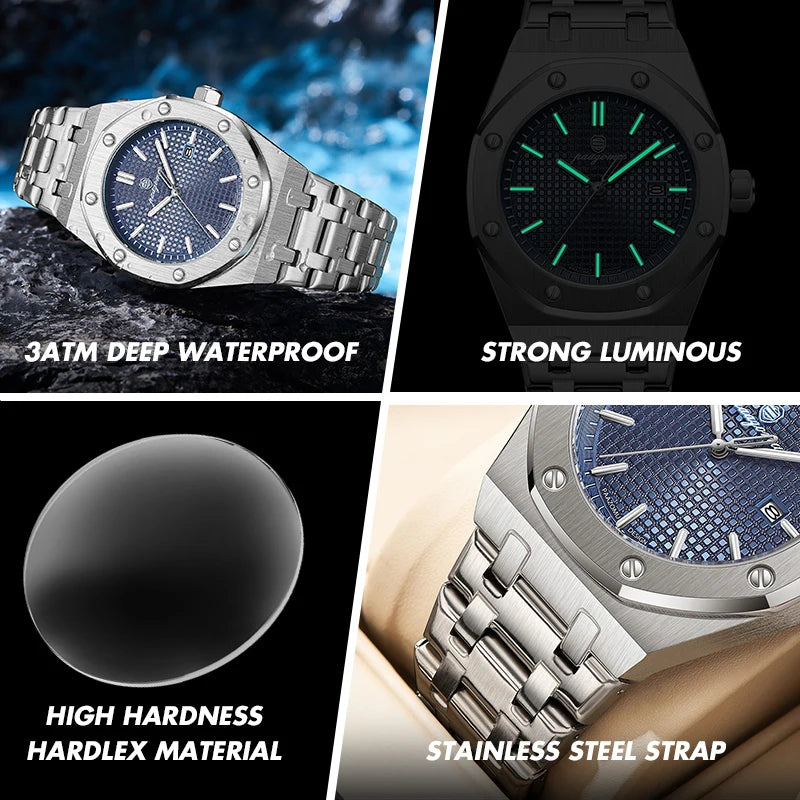 A close-up view of a stainless steel watch featuring a blue dial, luminous hands, and a textured surface.