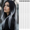 A woman with long black hair featuring silver and white highlights, next to a set of hair extensions.