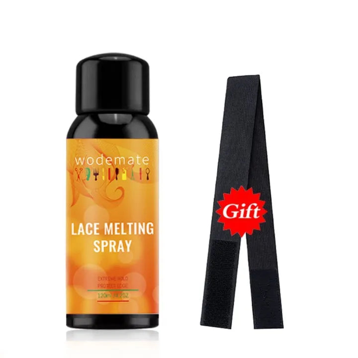 A black spray bottle labeled Lace Melting Spray with a red gift tag next to it.