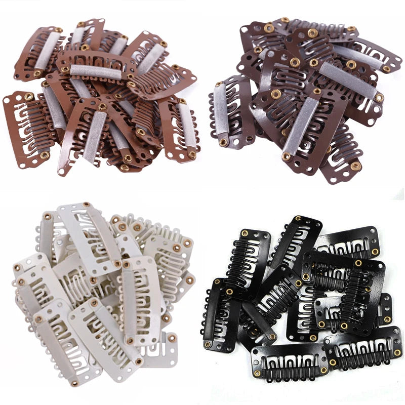A collection of precision snap hair extensions for bangs in various shades of brown and gray.
