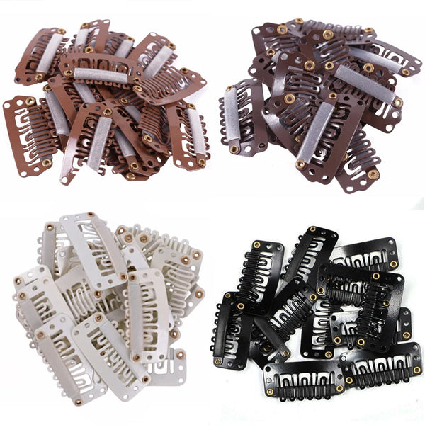 A collection of precision snap hair extensions for bangs in various shades of brown and gray.