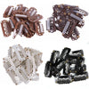 A collection of precision snap hair extensions for bangs in various shades of brown and gray.