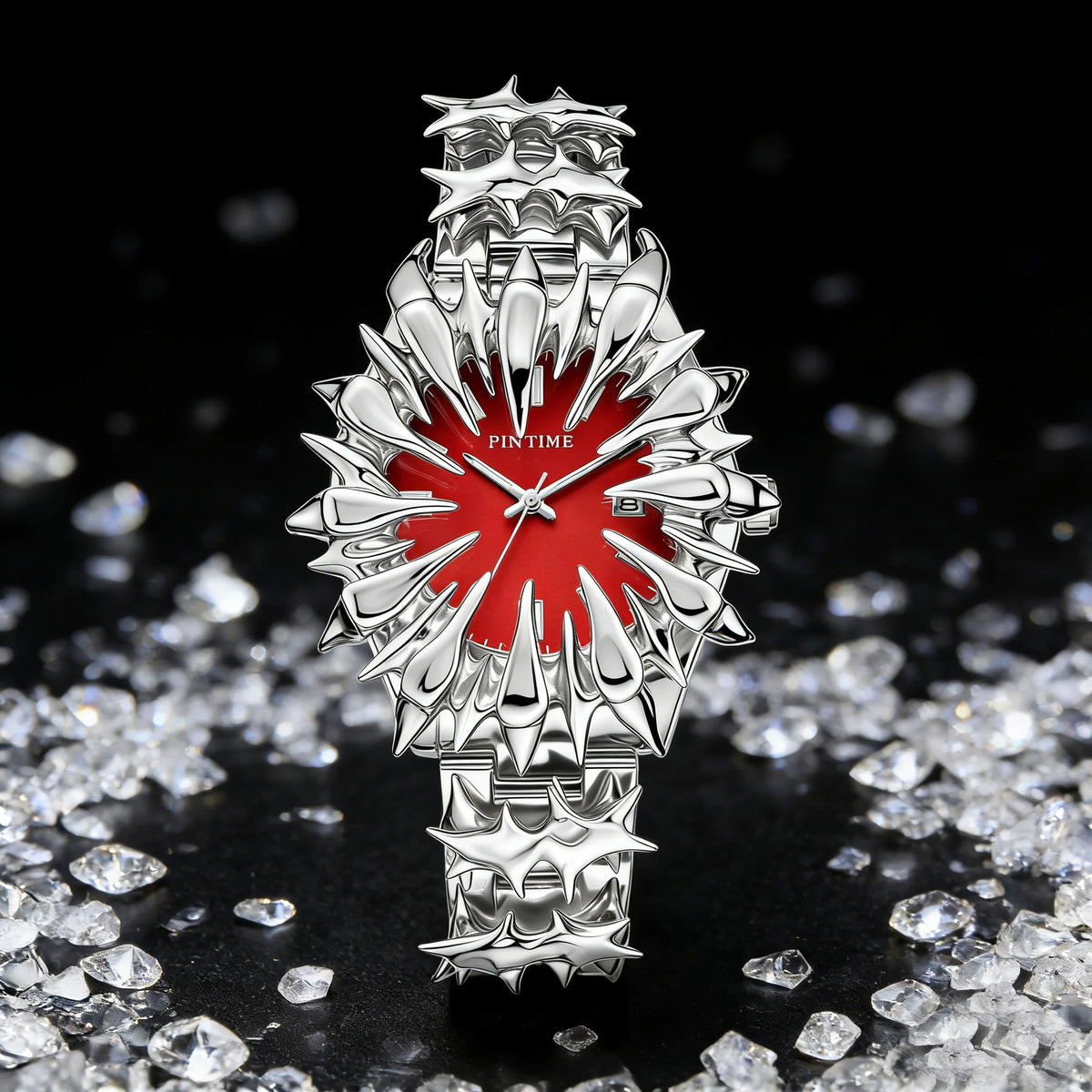 Silver quartz wristwatch featuring a dragon scale design on a red background, set against a backdrop of clear crystals.
