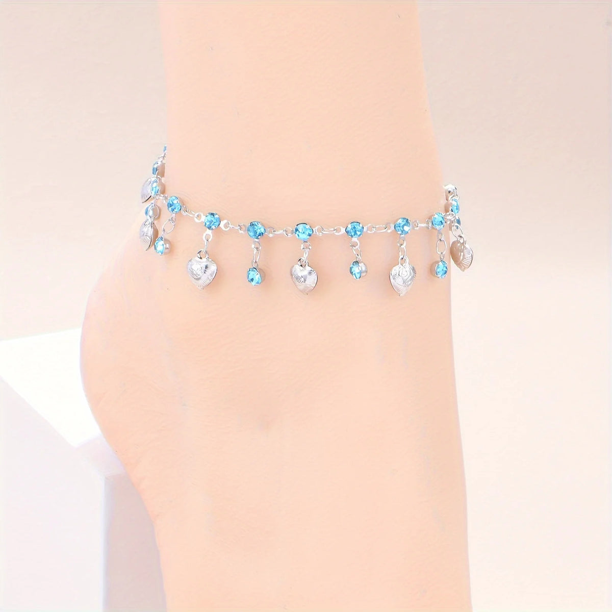 Stainless Steel Anklet with Blue Rhinestone Pendants
