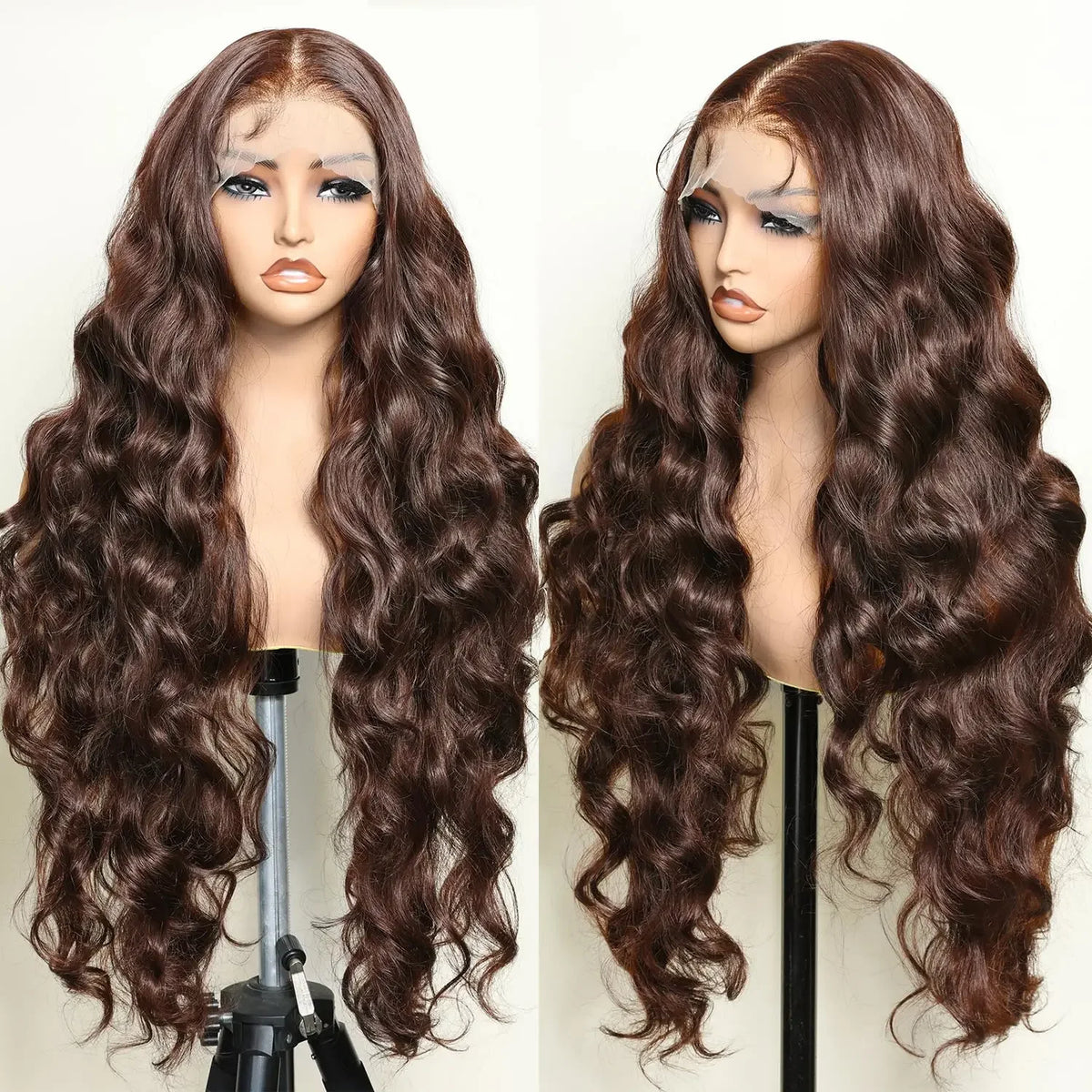 Ein Paar langer braun-schokoladenfarbener Wellen-Lace-Pony-Frisuren auf einem Mannequin.