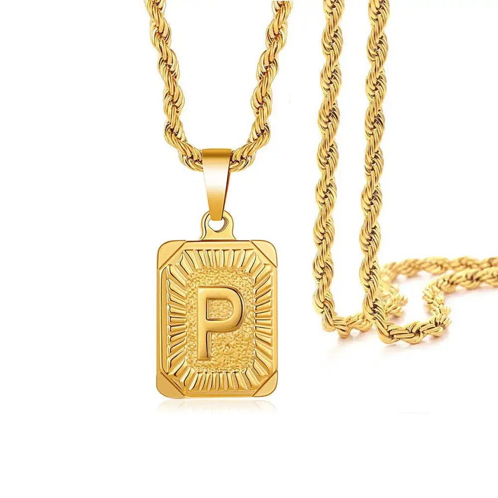 A gold-plated letter pendant necklace featuring the letter P on a thick gold chain.